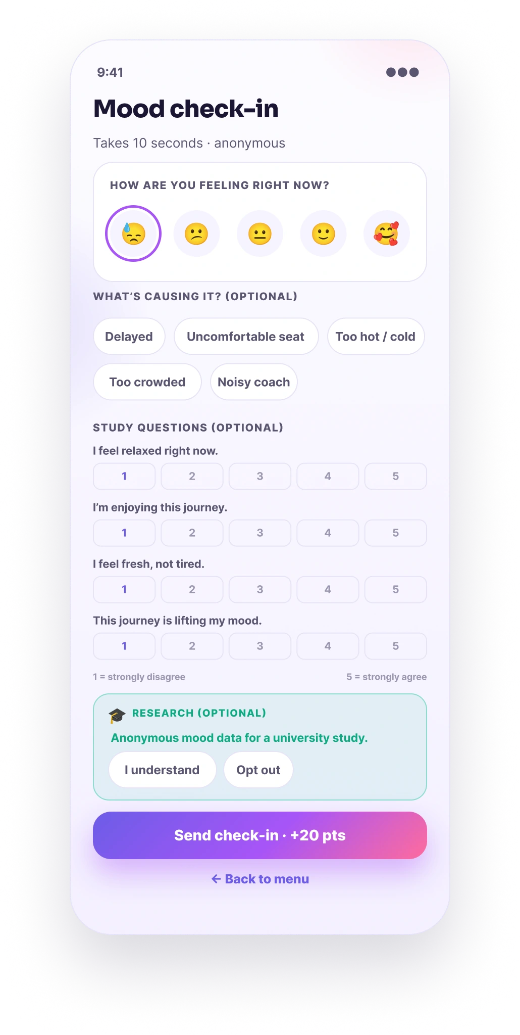 RailWell mood check-in survey screen — feeling emojis, cause chips, five-point research statements with 1 to 5 scales, optional research consent and send check-in button